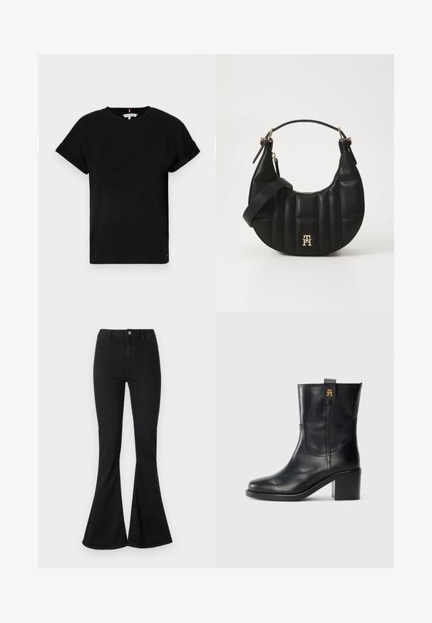 T-shirt nera in cotone con maniche corte arrotolate, caratterizzata da un logo in rilievo al centro e un piccolo dettaglio a bandiera sul lato.; Jeans neri a zampa d'elefante realizzati in denim, con vita aderente, chiusura con cerniera e bottone, e ampia svasatura alla caviglia.; Stivale in pelle nera fino al polpaccio con tacco a blocco e logo dorato "TH" sulla linguetta, su sfondo bianco.; Borsa a spalla in pelle nera con forma curva, texture trapuntata e dettagli in oro. Presenta una tracolla removibile e dettaglio del logo.