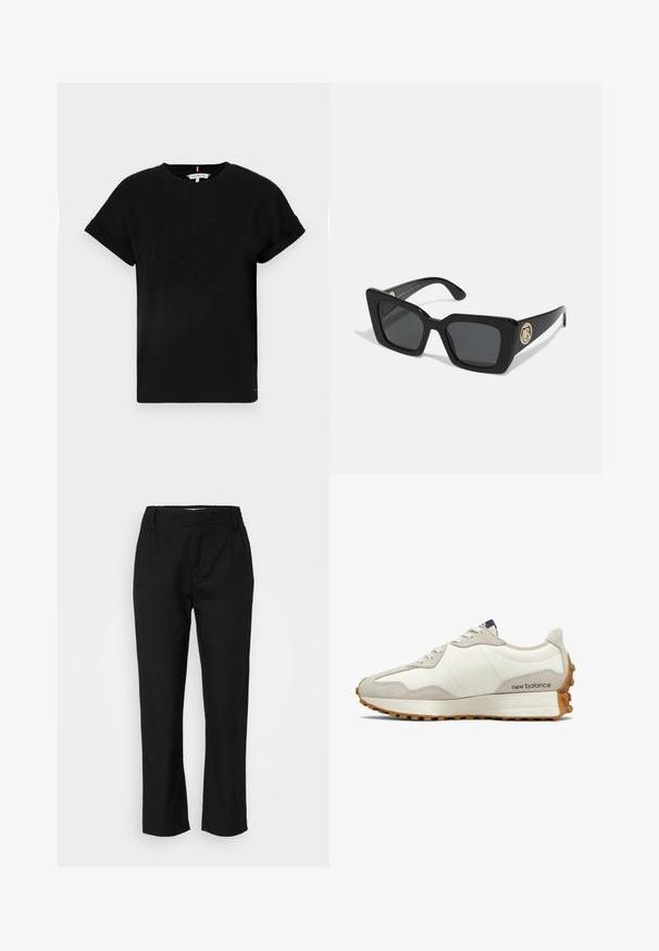 Czarna bawełniana koszulka z krótkimi, podwiniętymi rękawami, z wytłoczonym logo na środku i małym akcentem flagi z boku.; Czarne spodnie wykonane z gładkiego materiału, o prostym kroju, z fałdami z przodu oraz elastycznym pasem dla wygody. Bez widocznych elementów metalowych.; Białe i beżowe sneakersy z gładkiej skórzanej cholewki, zamszowymi akcentami, zaokrąglonym noskiem i teksturowaną gumową podeszwą. Nazwa marki nadrukowana na boku.; Czarne kwadratowe okulary przeciwsłoneczne z ciemnymi soczewkami i błyszczącymi czarnymi ramionami. Posiadają złoty okrągły akcent hardware po boku. Gładka tekstura na całej powierzchni.; Czarna syntetyczna torba na ramię o zaokrąglonym kształcie, z teksturowanym wykończeniem, złotym logo w kształcie trójkąta i odczepianymi akcentami ze sprzętu.