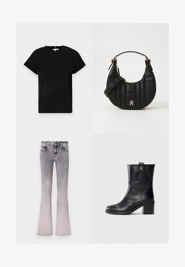 Mustmust särk, millel on rullitud lühikesed varrukad, keskosas on embosseeritud logo ja küljel väike lipu aktsent.; Laienevad teksapüksid, mille värvimuutus on mustast heledamasse halli denimisse. Omab klassikalist viie tasku disaini, ees nuppude sulgemine ning peened õmblusteed.; Must musta keskmise säärtega saapad plokk-kandiga ja kuldse "TH" logoga tõmbeaukus valgel taustal.; Must või empaankäe disainiga must nahkrahakott, millel on tepitud tekstuur ja kullatud detailid. Omab eemaldatavat õlapaela ja logo detaili.