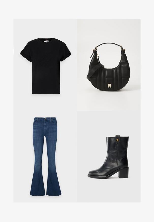 T-shirt nera in cotone con maniche corte arrotolate, caratterizzata da un logo in rilievo al centro e un piccolo dettaglio a bandiera sul lato.; Jeans a zampa in denim con un lavaggio blu scuro, caratterizzati da una vita aderente, cinque tasche e una chiusura a bottone classica. Tessuto liscio con leggera elasticità.; Stivale in pelle nera fino al polpaccio con tacco a blocco e logo dorato "TH" sulla linguetta, su sfondo bianco.; Borsa a spalla in pelle nera con forma curva, texture trapuntata e dettagli in oro. Presenta una tracolla removibile e dettaglio del logo.