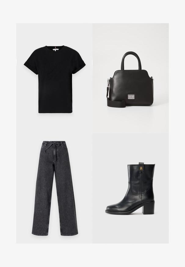 Tricou din bumbac negru, cu mâneci scurte răsucite, având un logo embosat în centrul său și un accent mic cu steag pe lateral.; Jeans negre din denim cu talie înaltă și picioare largi, cu închidere prin șnur. Prezintă o textură estompată și detalii discrete de cusătură.; Botină din piele neagră, până la jumătatea gambei, cu toc pătrat și logo-ul „TH” aurit pe eticheta de prindere, pe un fundal alb.; Geantă sintetică neagră cu mânere superioare, curea de umăr detașabilă, formă rotundă, textură netedă și accent cu logo argintiu pe față.