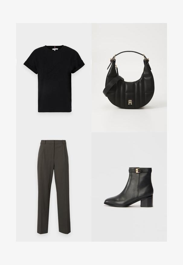 Mustapaita, jossa on lyhyet käärityt hihat, keskellä kohokuvioitu logo ja sivussa pieni lipputunnus.; Tummanharmaat housut, jotka on tehty sileästä kankaasta, ja niissä on hyvin istuva malli, suorat lahkeet ja minimalistiset etupleukset.; Musta nahkasaappaat nilkkapituisilla, joissa on sileä pinta, pyöreä kärki ja kultainen solki nilkkahihnassa. Tiilijalkapohja.; Musta nahkalaukku, jossa on kaareva muoto, tikattu pinta ja kultaiset yksityiskohdat. Varustettu irrotettavalla olkahihnalla ja logopotkalla.