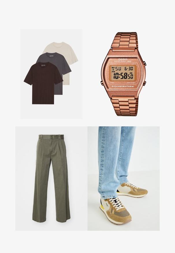 YOURTURN UNISEX 3 PACK BASIC OVERSIZED T-SHIRT - Lihtne T-särk - dark brown/off-white/dark grey; Heled pruun, pika varrukaga nööpidega särk, millel on krae, valmistatud tekstuuriga kangast. Rindmisel on väike logo.; Olivroheline püksid, millel on vabalt langev, laia säärega disain ja ees olevad voldid. Valmistatud tekstuursed kangast, tavalise vöökoht ja ilma nähtavate riistadega.; Kangalased ja kreemjad tenised, mis on valmistatud võrkkangast ja nahast, omavad mustriga ninaosa, kontrastset mereväe aktsenti ja tekstureeritud tallat.; Digi Casio kell, roosakullast metallist rihmaga, ristkülikukujuline korpus, valgustatud kuva ja veekindel, näitab kellaaega ja kuupäeva.