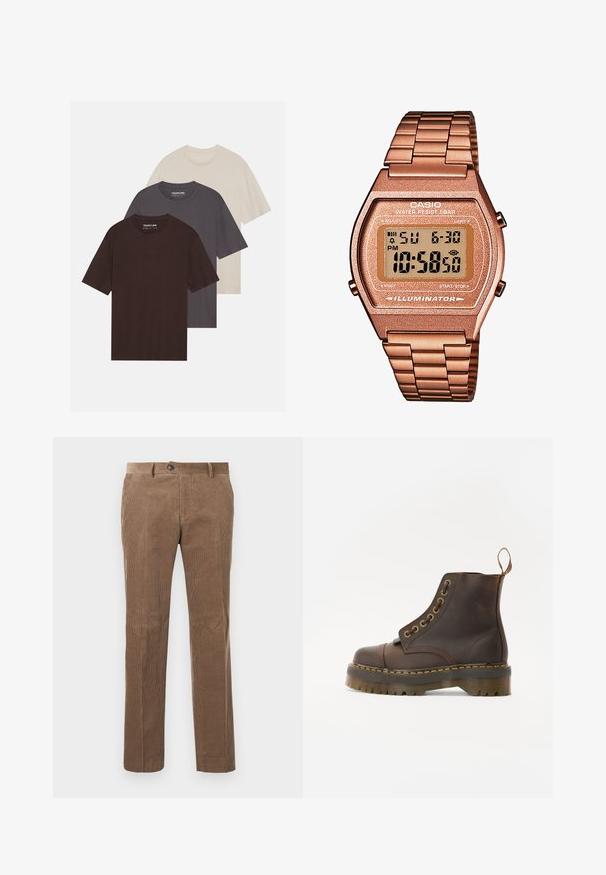 YOURTURN UNISEX 3 PACK BASIC OVERSIZED T-SHIRT - Basic póló - dark brown/off-white/dark grey; Világosbarna, hosszú ujjú, gombos ing, galléros nyakkal, texturált anyagból készült. Kicsi logóval a mellrészen.; Barna kordbársony nadrág, függőleges bordázott textúrával, egyenes szárú kivitelezés, egy gombos zárás és két elülső zseb.; Barna bőr bokacsizma, kerek orrral, kontrasztáló sárga varrással, dekoratív fém szemölcsökkel és bordázott gumitalppal.; Digitális Casio óra rózsaarany fém szíjjal, téglalap alakú házzal, megvilágított kijelzővel és vízállósággal, mutatja az időt és a dátumot.