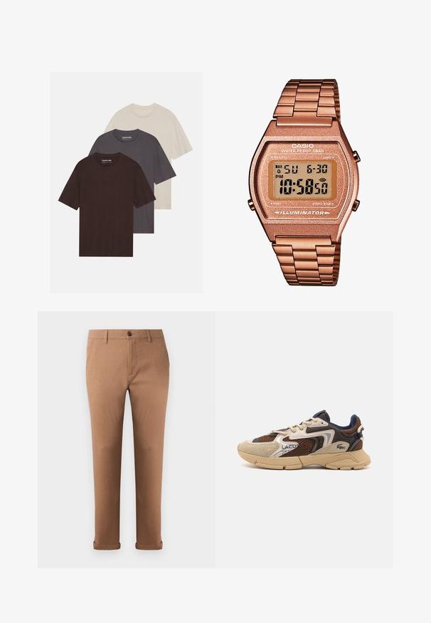 YOURTURN UNISEX 3 PACK BASIC OVERSIZED T-SHIRT - Basic T-shirt - dark brown/off-white/dark grey; Light brown, long-sleeved button-down shirt with a collared neckline, made of a textured fabric. Features a small logo on the chest.; Brown cotton trousers with a straight fit, featuring a front button closure, belt loops, and rolled cuffs at the hem.; Beige and brown sneaker with textured mesh panels, suede accents, and a rubber sole. Features lace-up design and branded detailing.; Digital Casio watch with a rose gold metal band, rectangular case, illuminated display, and water resistance, showing time and date.