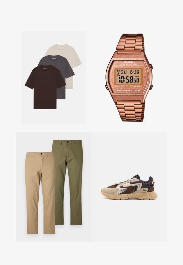 YOURTURN UNISEX 3 PACK BASIC OVERSIZED T-SHIRT - T-shirt basic - dark brown/off-white/dark grey; Lichtbruin, langärmelig knoopshirt met een kraag, gemaakt van een gestructureerde stof. Bevat een klein logo op de borst.; Tan en olijfgroene katoenen broeken, recht gesneden ontwerp, met riemlussen, rits en knoopsluiting, met een gladde textuur.; Beige en bruine sneaker met gestructureerde meshpanelen, suède accenten en een rubberen zool. Bevat vetersluiting en merkdetails.; Digitale Casio horloge met een roségouden metalen band, rechthoekige kast, verlicht display en waterdicht, toont tijd en datum.
