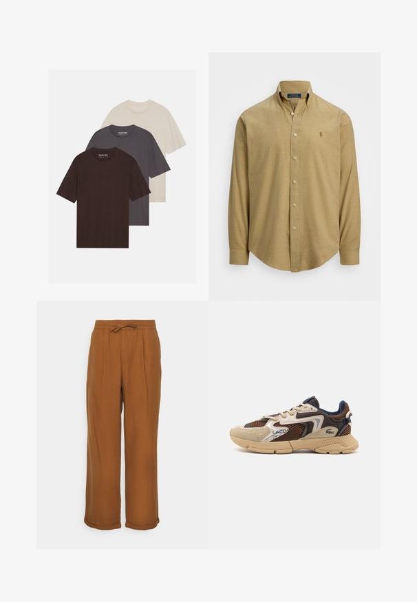 YOURTURN UNISEX 3 PACK BASIC OVERSIZED T-SHIRT - Navadna majica - dark brown/off-white/dark grey; Svetlo rjava, dolgo rokava srajca s gumbi in ovratnikom, izdelana iz teksturirane tkanine. Ima majhen logotip na prsih.; Rjavi laneni hlače s sproščenim krojem, elastičnim pasom, vrvico za zavezovanje in dvema sprednjima pregiboma za dodano teksturo. Zavihani manšeti na robu.; Bež in rjav športni copat z teksturiranimi mrežastimi paneli, nubukastimi detajli in gumijastim podplatom. Obsegajo zasnovo na vezalke in blagovno znamko.