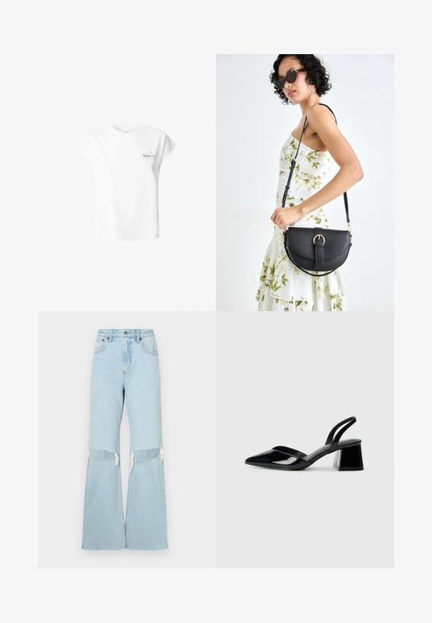 Valkoinen puuvillapaita lyhyillä hihoilla, pyöreällä kaula-aukolla ja vasemmassa rinnassa pieni painettu kuvio, jossa on tähtiä ja tekstiä.; Vaaleansiniset farkut, joissa on leveät lahkeet, polvileikkaukset, revityt lahkeensuut ja korkea vyötärö. Edessä nappi- ja vetoketjukiinnitys, klassinen viisi taskua -design.; Mustat patentoitu nahkakengät, joissa on säären takaosa ja terävä kärki, sekä geometrinen palikkakorko. Sisältää tyylikkään, minimalistisen muotoilun ja sileän pinnan.; Musta nahkainen käsilaukku, joka on kaareva muotoilultaan, irrotettavalla hihnalla ja kultaisilla yksityiskohdilla. Laukussa on läppä, jossa on solk yksityiskohta.