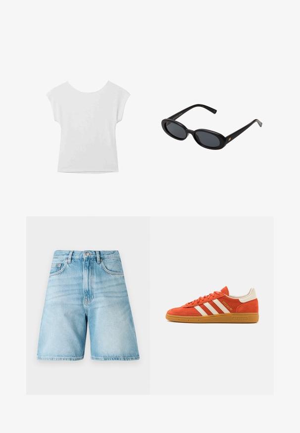 Valkoinen lyhythihainen paita, jossa on pyöreä pääntie ja rento malli. Valmistettu sileästä kankaasta, jossa on hienovarainen rakenne ja siistit linjat.; Vaaleansiniset farkkushortsit, joissa on rento istuvuus, viisi taskua, vyölenkit ja haalistunut pinta. Helma on suora ja ommeltu.; Oranssi mokkanahkainen lenkkitossu, jossa on valkoisia nahkaisia yksityiskohtia, kolme valkoista raidallista sisustusta ja kuminen pohja. "Spezial" logo kengän kielessä.; Mustat ylisuuruiset aurinkolasit, jotka ovat soikeat linssit, sileä muovikehys ja kultaiset korostukset temppeleissä. Tummat linssit tarjoavat suojaa auringolta.; Ruskea mokkanahkainen käsilaukku, jossa on kaksi pyöreää kahvaa, kultaiset yksityiskohdat, pieni merkki ja sileä vetoketjusuljin. Tämä laukku sisältää hienovaraisia ommeltuja yksityiskohtia.; Neliömäinen Cluse-kello, jossa on valkoinen taulu, kultaiset ja hopeiset yksityiskohdat sekä bi-metalliranneke, jossa on vuorotellen kultaisia ja hopeisia linkkejä.