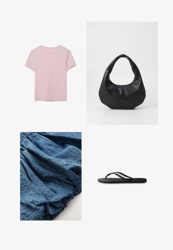 Kortærmet t-shirt med rund hals i blødt, lyserødt stof. Klassisk pasform med glat tekstur og uden synlige mønstre eller detaljer.; Denimstof i en dyb blå nuance med en samlet tekstur, der skaber bløde folder. Glat overflade med subtile farvevariationer.; Sorte flip-flop med en tekstureret gummisål, to slanke stropper og et subtilt, præget logodetalje på stroppen.; Sort flettet håndtaske med et buet håndtag, der har en struktureret overflade og en afslappet form. Glat finish med en organisk silhuet.