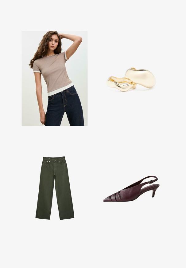 Junge Frau mit langen, lockigen Haaren, die ein taubfarbenes Kurzarmoberteil und dunkelblaue Jeans trägt und mit einem Arm hinter ihrem Kopf posiert.; Olivgrüne, weite Hose mit Knopfverschluss, Reißverschluss, Gürtelschlaufen und fünf Taschen, präsentiert auf weißem Hintergrund.; Burgunderfarbene Leder Slingback-Schuhe mit spitz zulaufender Zehenpartie, die an der Vorderseite eine geraffte Textur aufweisen und einen schlanken, strukturierten Absatz haben. Verstellbarer Riemen.; Goldfarbene Ohrringe mit einer organischen, bohnenähnlichen Form und glatter, reflektierender Oberfläche; verfügen über ein minimalistisches Design ohne sichtbare Hardware.