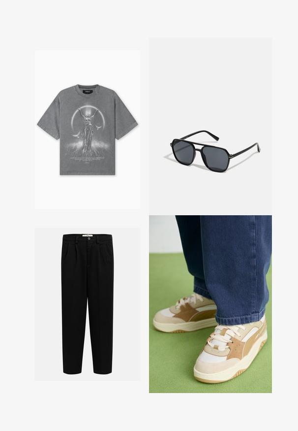 T-shirt oversized gris en coton. Présente un imprimé graphique d'une figure avec les mains levées, entourée d'un design circulaire et de texte.; Pantalons noirs en tissu doux, avec une coupe droite, des plis sur le devant et une fermeture à bouton à la taille.; Sneakers beiges et blancs présentant une tige texturée, des accents en daim, une semelle épaisse et un système de laçage. Portés avec un pantalon en denim bleu.; Lunettes de soleil noires avec monture octogonale, verres foncés, finition brillante, branches fines et accents dorés sur l'avant.