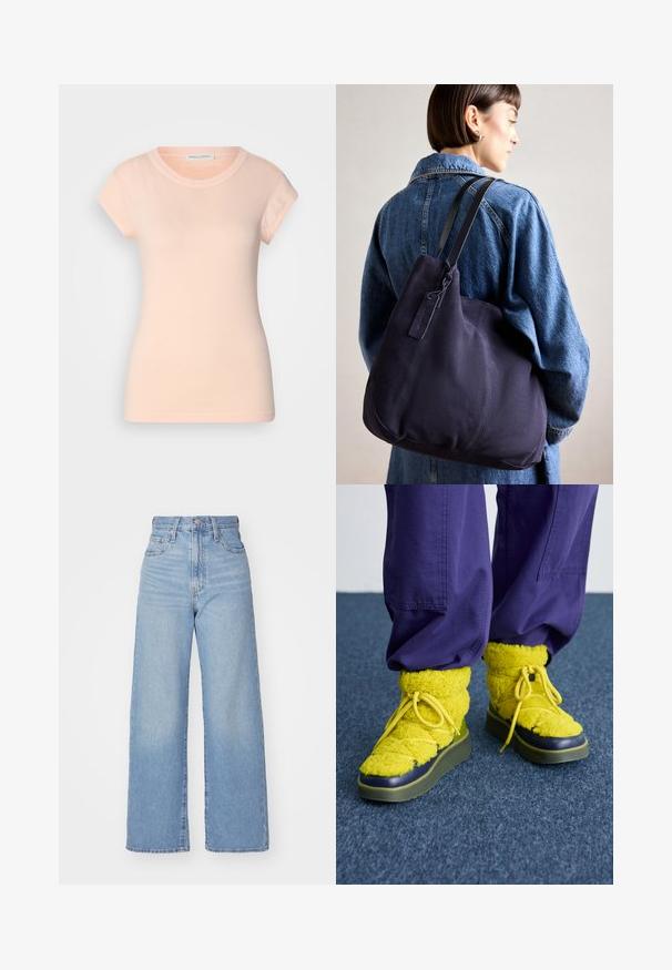 T-shirt de algodão rosa claro com mangas curtas, decote redondo e forma ajustada. Textura suave, sem padrões ou adornos visíveis.; Jeans de cintura alta e perna larga em azul claro, com fecho frontal de botão e zíper, bolsos frontais e traseiros, sobre um fundo branco.; Botas amarelas felpudas com biqueira redonda, tecido texturizado e sola de borracha verde. Apresenta atacadores amarelos e um detalhe azul-marinho à volta da biqueira.; Bolsa de ombro em lona azul-marinho com uma forma suave e estruturada, apresentando uma alça preta, detalhes de costura e uma pequena etiqueta da marca.