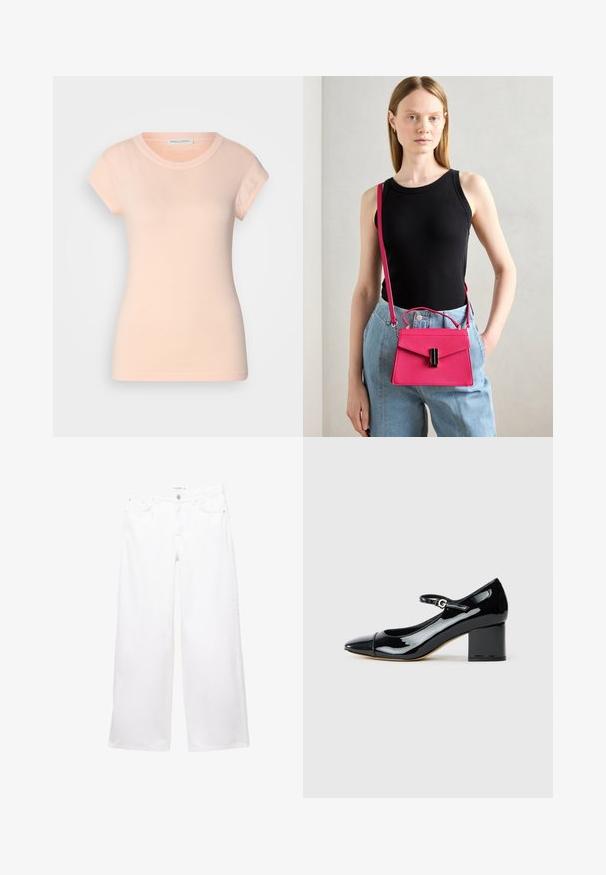 Lyserød bomulds T-shirt med korte ærmer, rund halsudskæring og tætsiddende pasform. Glat tekstur, ingen synlige mønstre eller pynt.; Hvide bukser med vid ben lavet af denim med en glat overflade. Har en knap- og lynlåslukning samt to forlommer og to baglommer.; Sort lakeret Mary Jane-sko med blokhæl og spænde, vist fra siden på en hvid baggrund.; Rød struktureret skuldertaske med flaplukning og sorte metal detaljer. Bruges som crossbody med en lang rem. Glat tekstur.
