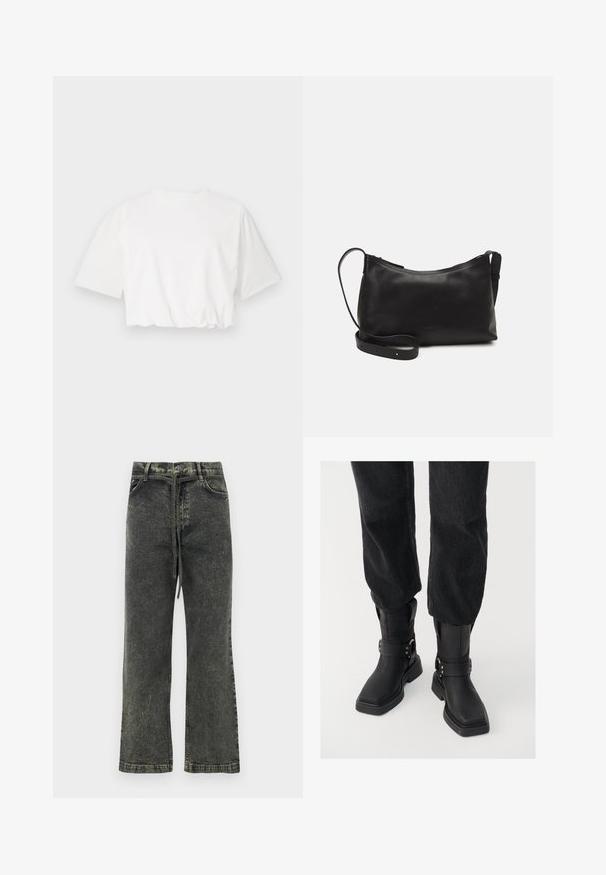 Camiseta blanca corta con mangas cortas abullonadas, cuello redondo y dobladillo inferior fruncido, fabricada en suave tela de algodón.; Jeans de mezclilla negra con corte recto, que presentan una sutil textura desgastada, cierre de botón y bolsillos frontales.; Botas negras de cuero hasta el tobillo con puntera cuadrada, que presentan una tira ancha y un detalle de hebilla de metal. Las botas tienen una suela gruesa y una textura suave.; Bolso de hombro de cuero negro con una textura suave, forma curvada, correa ajustable y cierre con cremallera. Diseño minimalista sin adornos.