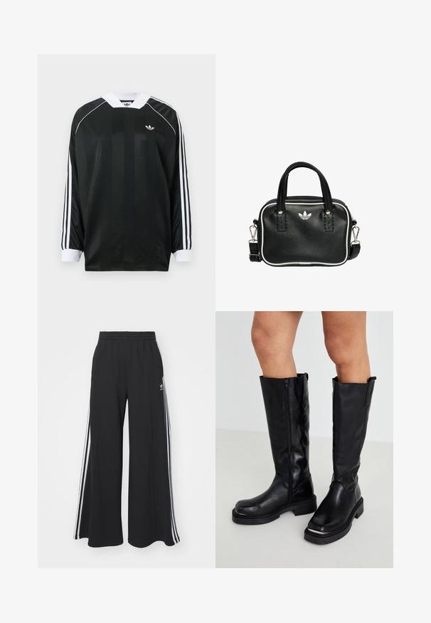 Sort langærmet skjorte med V-hals, med vertikale striber, hvide detaljer og tre hvide striber på hver ærme. Lille logo på brystet.; Sorte brede sweatpants med elastisk talje, med hvide sidelommer og et broderet logo på venstre lår.; Knæhøje sorte læderstøvler med lynlås i siden, kraftig gummisål og struktureret finish med et minimalistisk design.; Sort læderhandtaske med to korte håndtag, sølvhardware, hvide accenter og et hvidt logo. Har en struktureret overflade og et kompakt design.