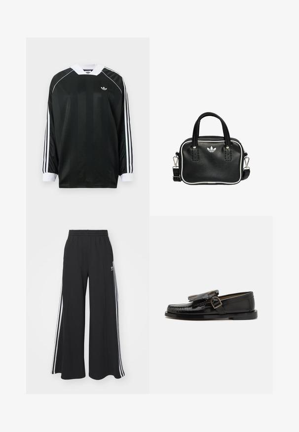 Zwart shirt met lange mouwen en een V-hals, met verticale strepen, witte accenten en drie witte strepen op elke mouw. Klein logo op de borst.; Zwarte wijde sweatpants met een elastische tailleband, met witte zijstrepen en een geborduurd logo op de linker dij.; Zwarte leren moccasinschoen met een glanzende afwerking, voorzien van decoratieve franjes en een gespdetail. Laag profiel zool met minimale profiel.; Zwarte leren handtas met twee korte handvatten, zilverkleurige hardware, witte accenten en een wit logo. Heeft een gestructureerd oppervlak en een compact ontwerp.