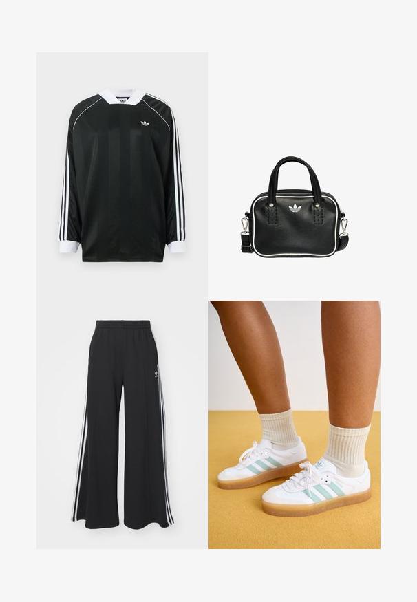 Czarna koszula z długim rękawem i dekoltem w serek, zdobiona pionowymi paskami, białymi akcentami oraz trzema białymi paskami na każdym rękawie. Małe logo na piersi.; Czarne szerokie spodnie dresowe z elastycznym pasem, z białymi paskami po bokach i haftowanym logo na lewej udzie.; Białe sneakersy z mięty zielonymi paskami, z gumową podeszwą i sznurowadłami, w połączeniu z prążkowanymi kremowymi skarpetami. Na tle żółtej ściany.; Czarna skórzana torebka z dwoma krótkimi uchwytami, srebrnymi akcentami, białymi detalami i białym logo. Posiada teksturowaną powierzchnię oraz kompaktowy design.
