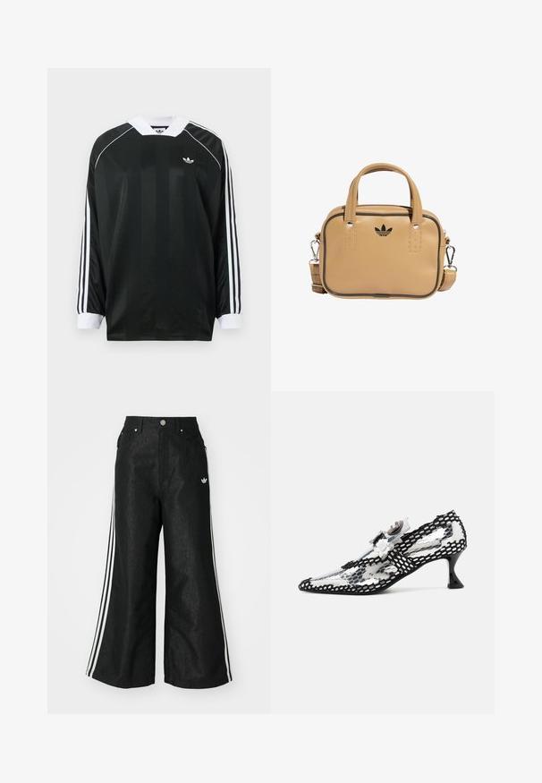 Black long-sleeve shirt with a V-neck, featuring vertical stripes, white accents, and three white stripes on each sleeve. Small logo on chest.; Black wide-leg denim pants with three white stripe accents on each side and a small white logo. Features front pockets and a button closure.; Transparent heeled shoe with black and white patterned mesh overlay, pointed toe, and a small, flared black heel. Floral accents detail the design.; Tan vegan leather bag with two handles, detachable shoulder strap, black accent stitching, and a small black logo on the front.
