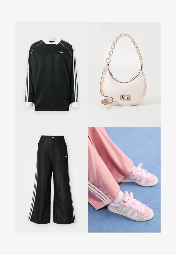 Svart langermet skjorte med V-hals, med vertikale striper, hvite detaljer og tre hvite striper på hver erme. Lite logo på brystet.; Sorte vide benbukser med tre hvite striper på hver side og en liten hvit logo. Har frontlommer og knappelukking.; Rosa idrettssko med lyse blå striper, rund tå og tykke rosa snører, sammen med rosa joggebukser med hvite sidestiper.; Rosa teksturert lærhåndveske med en gullkjede-rem, rund form og en gulllogo-akse på fronten. Har en ekstra skulderrem.