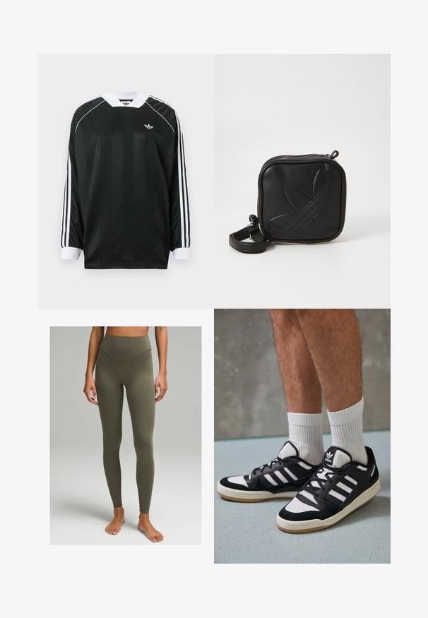 Zwart shirt met lange mouwen en een V-hals, met verticale strepen, witte accenten en drie witte strepen op elke mouw. Klein logo op de borst.; Hoge taille leggings in olijfgroen, gemaakt van een gladde, rekbare stof. Heeft een aansluitend ontwerp met een subtiele naad langs de taille.; Zwart-witte sneakers met een bovenwerk van suede en leer, voorzien van drie witte strepen, een geperforeerde neus en een rubberen gumzool.; Zwarte vierkante crossbody tas van gestructureerd synthetisch materiaal. Met een reliëflogo ontwerp en een verstelbare schouderband. Ritssluiting.