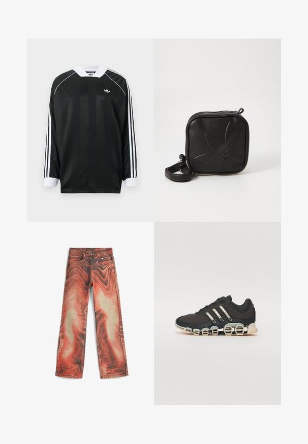 Zwart shirt met lange mouwen en een V-hals, met verticale strepen, witte accenten en drie witte strepen op elke mouw. Klein logo op de borst.; Denim jeans met een gedurfde rode en beige spiraalpatroon, wijde pijpen, voorzakken en traditionele knoop- en ritssluiting.; Zwarte sportschoen met een gestructureerde bovenkant, drie zilveren strepen en een kenmerkende dempingszool met meerdere geïntegreerde secties.; Zwarte vierkante crossbody tas van gestructureerd synthetisch materiaal. Met een reliëflogo ontwerp en een verstelbare schouderband. Ritssluiting.
