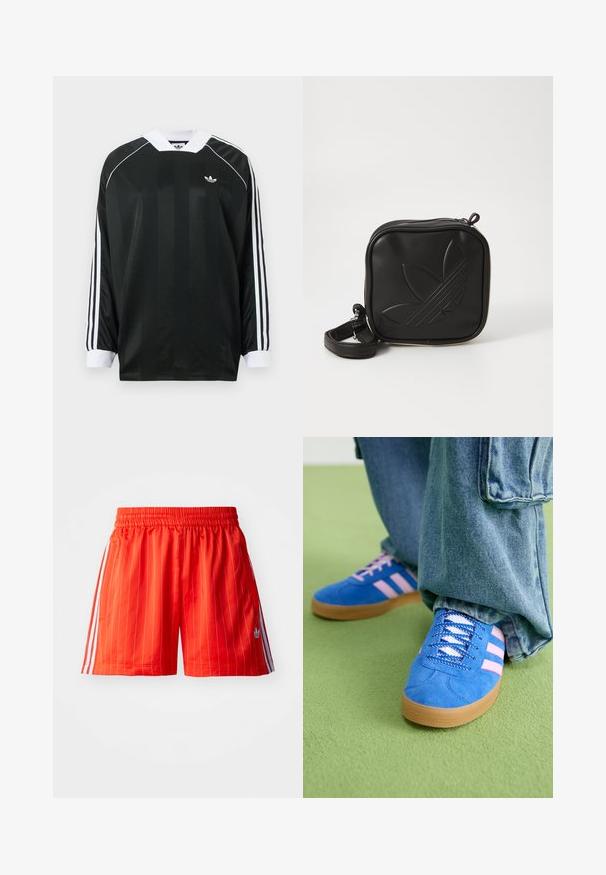 Černé tričko s dlouhým rukávem a výstřihem do V, svislé pruhy, bílé akcenty a tři bílé pruhy na každém rukávu. Malé logo na hrudi.; Červené sportovní šortky s vertikálními bílými pruhy, elastickým pasem a světle modrými akcenty na stranách. Obsahují boční kapsy.; Modré semišové boty s růžovými pruhy a bílými tkaničkami, vybavené gumovou podrážkou, spárované s volnými džínovými kalhotami na zeleném povrchu.; Černá crossbody taška vyrobená z texturovaného syntetického materiálu. Obsahuje embosované logo a nastavitelné popruhy. Zapínání na zip.