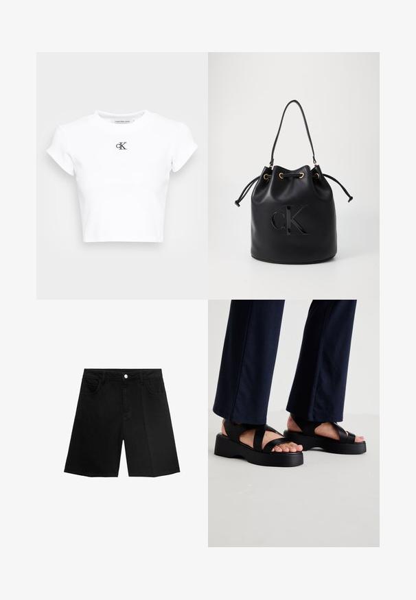Witte cropped t-shirt gemaakt van ribgebreide stof. Heeft een ronde halslijn en korte mouwen. Zwart geborduurd "cK" logo op de borst.; Zwarte denim shorts met een rechte snit, vijf zakken en een zilveren knoopsluiting. Gladde textuur met minimale stikseldetails.; Zwarte platform sandaal met brede kruisbanden en een dikke zool. Het bovenwerk is gemaakt van glad materiaal en heeft een open neus ontwerp.; Zwarte leren emmer tas met trekkoord sluiting, voorzien van een glanzend "CK" logo aan de voorkant en gouden hardware accenten.