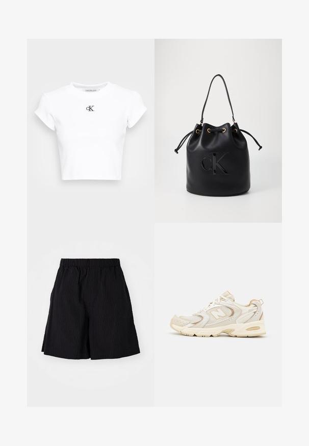 Hvid cropped t-shirt lavet af ribbet stof. Har en rund halsudskæring og korte ærmer. Sort broderet "cK" logo på brystet.; Sorte shorts lavet af tekstureret stof med et ribbet mønster. Har en elastisk talje og en afslappet pasform. Slutter lige over knæet.; Beige atletik sko med mesh og syntetiske overlejringer, med en tekstureret overflade, polstret krave og "ABZORB" dæmpning ved hælen.; Sort læder bucket bag med snørelukning, der har et glosseret "CK" logo foran og hardware accenter i guld-tone.