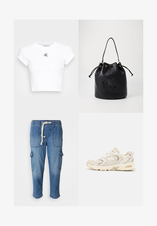 Vit kortärmad topp i ribbat tyg. Har rund halsringning och korta ärmar. Svart broderad "cK"-logotyp på bröstet.; Blå denim cargo byxor med dragsko i midjan, sidofickor och upprullade ärmslut, med en mjuk, texturerad yta.; Beige atletiska skor med nät och syntetiska överlägg, med en texturerad yta, vadderad krage och "ABZORB" dämpning vid hälen.; Svart läder bucket bag med dragsko-stängning, prydd med en glänsande "CK"-logotyp på framsidan och detaljer i guld-ton.