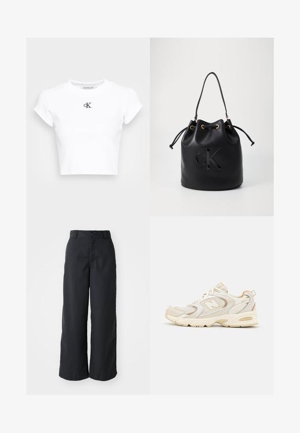 T-shirt blanc court en tissu côtelé. Présente un col rond et des manches courtes. Logo "cK" brodé noir sur la poitrine.; Pantalons noirs à jambes larges en tissu lisse, avec une fermeture à bouton et des poches latérales, au design épuré et à la silhouette ajustée.; Chaussures de sport beiges avec des superpositions en mesh et en synthétique, présentant une surface texturée, un col rembourré et un amorti "ABZORB" au niveau du talon.; Sac seau en cuir noir avec fermeture à cordon, arborant un logo "CK" brillant sur le devant et des accents en métal doré.
