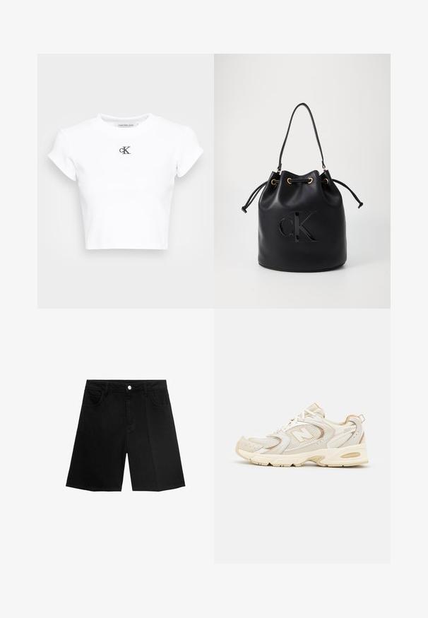 Bela skrajšana majica iz rebraste tkanine. Ima okroglo izreznico in kratke rokave. Črn vezen "cK" logotip na prsih.; Črne jeans kratke hlače z ravnim krojem, petimi žepi in srebrnim gumbom za zapiranje. Gladka tekstura z minimalnimi detajli šivanja.; Bež športni čevlji z mrežasto in sintetično oblogo, ki imajo teksturirano površino, podložen ovratnik in 'ABZORB' blaženje v peti.; Črna usnjena torba v obliki zaboja z vrvico za zapiranje, ki ima na sprednji strani sijajni logo "CK" in zlate kovinske dodatke.