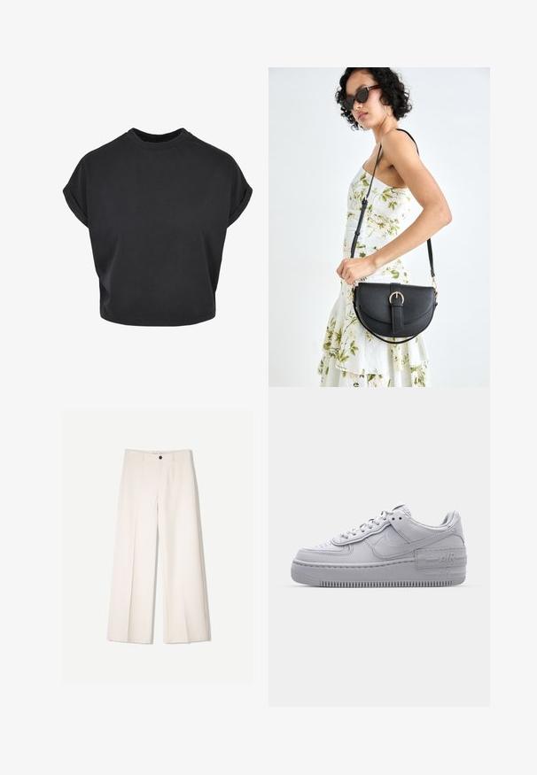 Black cropped t-shirt made of cotton with short rolled sleeves and a crew neckline. Smooth texture and minimalistic design.; Cream wide-leg trousers with a tailored design, featuring two front pockets and a single front button closure, made from smooth fabric.; Gray Nike Air Force 1 sneaker with perforated toe, smooth leather upper, thick sole, and embossed 'AIR' detail on the heel.; Black leather handbag with a curved shape, detachable strap, and gold hardware. The bag features a flap with a buckle detail.