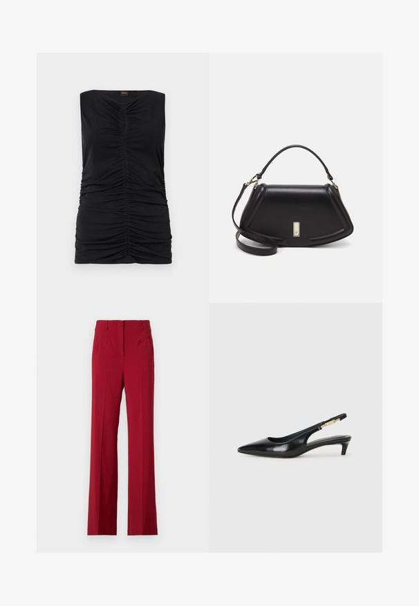 Black sleeveless top with gathered texture, featuring a keyhole design at the neckline and a fitted silhouette. Smooth fabric.; Red tailored pants with a straight-leg design, featuring front pockets and a smooth fabric texture. No visible fasteners or embellishments.; Black leather slingback heels with a pointed toe, featuring a slim heel and a gold-tone accent on the adjustable strap. Smooth texture.; Black leather handbag with a structured design, featuring a cropped shape, top handle, and gold hardware accent. Adjustable shoulder strap included.