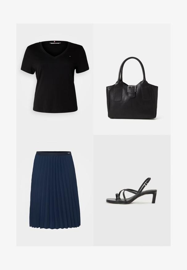 Juoda trumpų rankovių marškinėliai su v-kaklu, pagaminti iš lygaus audinio. Ant krūtinės yra mažas siuvinėtas logotipas.; Tommy Hilfiger Curve FLUID PLEATED MIDI SKIRT - Klostuotas sijonas - dark night navy; Juodi šlepetės su kvadratiniu pirštu ir žemu bloku kulnu. Yra keli ploni dirželiai ir reguliuojamas kulkšnies diržas. Pagaminti iš lygios odos.; Juodas odinis nešiojamas krepšys su lygiu paviršiumi, struktūrine forma, dviem rankenėlėmis ir ryškiu sidabriniu sagties akcentu priekyje.; Sidabrinis dvigubas žiedas su lygiu, poliruotu paviršiumi. Pasižymi sklandžiu, kreiptu dizainu su persipinančiomis dalimis, suteikiančiomis modernų išvaizdą.
