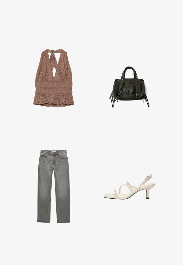 Hnědý top s halter střihem, s uvázáním vzadu, zdobený detaily broderie anglaise a nabíraným peplum lemem. Texturovaná látka s diamantovými vzory.; Šedé džíny z denimu s rovnými nohavicemi, pět kapsami a vybledlým vzhledem. Obsahují kovový knoflík a zipový zapínání.; Beige sandály na pásky se čtveratou špičkou, tenkými pásky a nízkým blokovým podpatkem. Hladký materiál s kontrastním černým lemováním.; Černá kožená kabelka s pletenými rukojetmi, kapsou na zip a visícími třásněmi. Texturovaný povrch s kovovými hroty a kovovými akcenty.; Náhrdelník ve zlatém tónu s propletenými kovovými páskami s hladkým, lesklým povrchem a otevřeným designem. Lehké a minimalistické provedení.