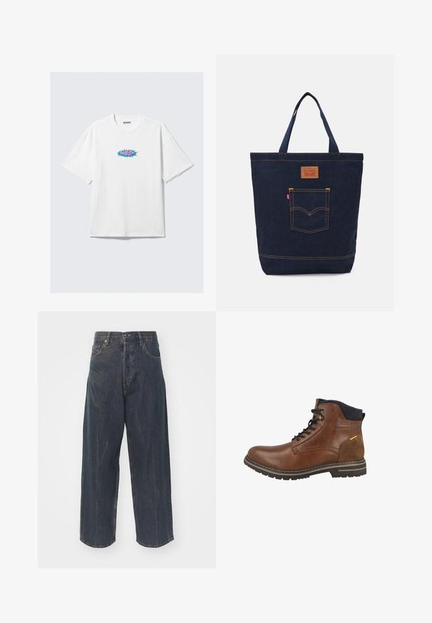 Weißes Baumwoll-T-Shirt mit oversized Passform, das ein farbenfrohes Grafikdesign in Pink und Blau auf der Vorderseite zeigt. Runder Hals, kurze Ärmel.; Weite dunkelblaue Jeans aus Denim mit subtilem Distressed-Effekt, fünf Taschen und einem klassischen Knopf- und Reißverschlussverschluss an der Taille.; Braune Leder-Ankle-Boots mit einem Wildlederakzent, textiler Kragen, Schnürsenkeln und einer Gummisohle, die ein Profilmuster für Grip aufweist.; Dunkelblaue Denim-Tasche mit zwei Griffen, sichtbaren Nähten und einer Vordertasche mit einem klassischen Logo-Patch.