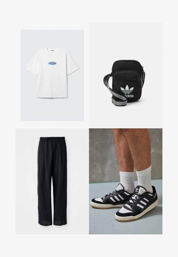 Hvid bomulds t-shirt med oversized pasform, der har et farverigt grafisk design i pink og blå på forsiden. Rund hals, korte ærmer.; Sorte linned brede bukser med snoreliv og afslappet pasform. Glat tekstur, ingen synlige mønstre eller hardware detaljer.; Sorte og hvide sneakers med en overdel i ruskind og læder, der har tre hvide striber, en perforeret tå og en sål i gummigummi.; Sort stof crossbody tas med lynlås, der har et hvidt Adidas-logo og en stribet justerbar rem for nem bæring.