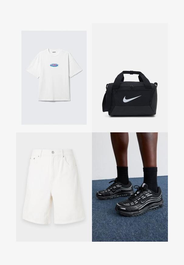 T-shirt en coton blanc avec une coupe oversize, arborant un design graphique coloré en rose et bleu sur le devant. Col rond, manches courtes.; Shorts en denim blanc à coupe droite, avec cinq poches et fermeture à bouton en métal argenté. Présente une texture robuste et des bords ourlés.; Des chaussures Nike noires présentent une tige en mesh avec des rayures d'accent, un laçage texturé et une semelle en caoutchouc noir. Portées avec des chaussettes noires côtelées.; Un sac de sport noir en tissu lisse, avec des compartiments à double fermeture éclair, des poignées rembourrées et un grand logo Nike blanc sur le devant.
