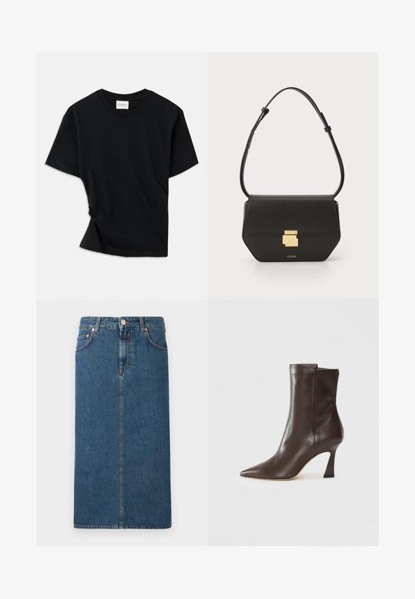 Tricou negru din bumbac moale, cu guler rotund, mâneci scurte și un design ușor răsucit pentru o potrivire confortabilă.; Fustă midi din denim, de culoare albastru închis, cu un croi dreaptă, buzunare frontale și accesorii de culoare cupru. Prezintă cusături pe marginile cusăturilor și închidere cu nasture.; Botă din piele maro închis, până la jumătatea gambei, cu vârf ascuțit, toc subțire curbat și finisaj neted pe un fundal alb.; CLOSED CLOSED ONE - Geantă crossbody - black