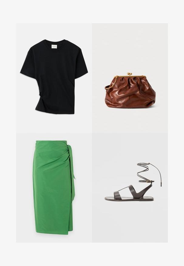 Maglietta nera realizzata in morbido cotone, con colletto a girocollo, maniche corte e un design leggermente torcigliato per una vestibilità rilassata.; Gonna verde avvolgente realizzata in tessuto leggero con un accento legato in vita e una consistenza liscia, caratterizzata da uno spacco laterale per facilitare i movimenti.; Sandal in pelle marrone con suola piatta, caratterizzato da un design minimalista, cinturino curvo per la caviglia e numerosi ritagli per la traspirabilità.; Borsa a mano in pelle marrone con chiusura dorata e manico a catena corto dorato, caratterizzata da una morbida texture arricciata su sfondo bianco.