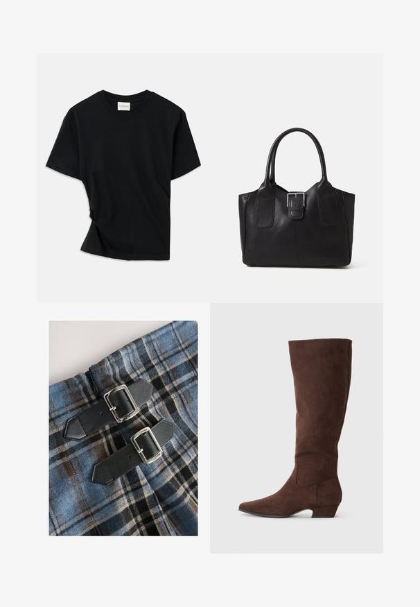 Must musta pehmeast puuvillast, millel on ümar kaelus, lühikesed varrukad ja kergelt keeratud disain, et tagada mugav istuvus.; Sinine ja pruun ruuduline kangas pehme tekstuuriga, millel on kaks musta nahast rihma hõbedaste pandlatega kinnitamiseks. Nähtavad lukuosad.; Pruunid sametist põlvekõrgused saapad terava nina, madala kontsaga ja siledast tekstuurist. Tootel on õhuke disain ja peened õmbluse detailid.; Mustgamma nahast kott, millel on sile tekstuur, struktureeritud kuju, kaks käepidet ja esiküljel silmapaistev hõbedane pandla detail.