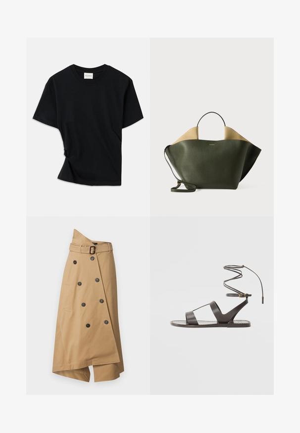 Černé tričko vyrobené z měkké bavlny, s klasickým kulatým výstřihem, krátkými rukávy a mírně zkrouceným designem pro pohodlný střih.; WEEKEND MaxMara BOLOGNA - Áčková sukně - beige; Hnědé kožené sandály s plochou podrážkou, minimalistickým designem, zakřiveným páskem kolem kotníku a několika prořezy pro prodyšnost.; Zelená kožená kabelka s pevným tvarem a hnědými akcenty na vrchu. Obsahuje krátké ucho a odnímatelný popruh na rameno.