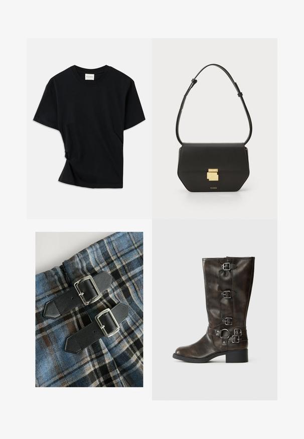 Sort t-shirt lavet af blødt bomuld, med rund halsudskæring, korte ærmer og et let skrået design for en afslappet pasform.; Rutmønstret tekstil i blå, brun og sort farve, med to sorte PU-læderremme med sølvspænder i taljen. Lynlåsen er synlig.; Brune læder knæhøje støvler med flere spænder, rund tå og en lav kraftig hæl. Har en tekstureret finish og justerbare remme.; CLOSED CLOSED ONE - Skuldertasker - black