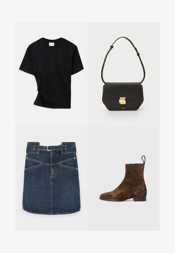 Fekete póló, puha pamutból készült, kerek nyakkivágással, rövid ujjakkal és enyhén csavart kialakítással, amely lazább illeszkedést biztosít.; Sötétkék farmer szoknya közepes derékkal, övbújtatókkal és két hátsó zsebből áll. Látható varrással és fémtűkkel rendelkezik.; Barna velúr bokacsizmák sima felülettel, lekerekített orral és kis sarokkal. Hátsó húzófüllel a könnyű felhúzás érdekében.; CLOSED CLOSED ONE - Keresztpántos táska - black