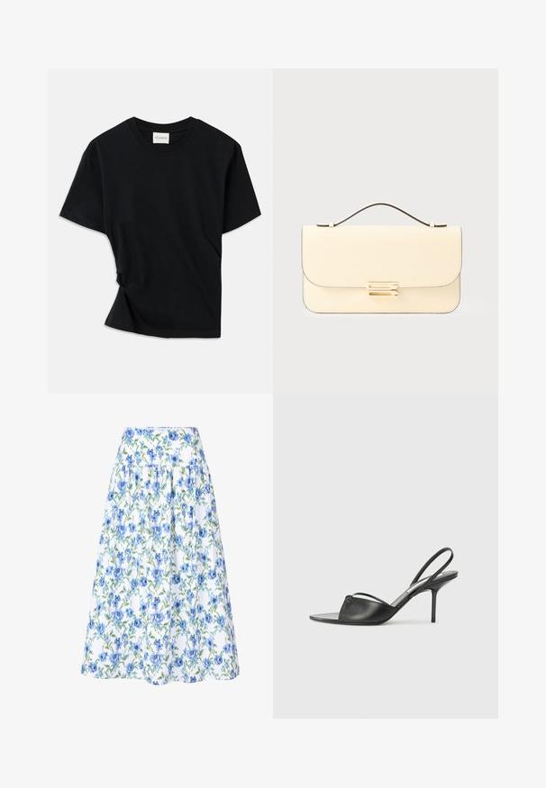 Juodas marškinėlis, pagamintas iš minkštos medvilnės, su apvalia iškirpte, trumpomis rankovėmis ir šiek tiek sukurtu dizainu, užtikrinančiu laisvą prigludimą.; Gėlių sijonas su baltu fonu, mėlynomis gėlėmis ir žaliais lapais, struktūruota liemene ir susiraukšlėto dizaino, kad suteiktų pilnumo.; Juodos odinės slingback aukštakulnės bateliai su smailiu priekiniu galu, plona kulkšnies juostele ir stiletto kulnu. Papuošti mazginio detalė vampyro dalyje.; Kremo spalvos odinė rankinė su viršutine rankena ir auksinės spalvos stačiakampiu užsegimu ant paprastos šviesios fono.