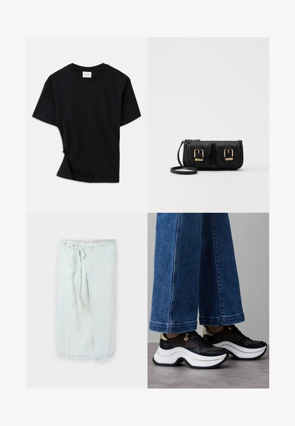 Black t-shirt made of soft cotton, featuring a crew neckline, short sleeves, and a slightly twisted design for a relaxed fit.; Light blue denim skirt with a tie waist, featuring a front slit and raw hem. Made of soft denim fabric for comfort and ease of movement.; Black and gold sneakers with a curved white sole. Textured fabric with logo accents. Paired with wide blue denim pants.; Black leather crossbody bag with two front pockets, gold buckles, zipper closure, and a slim strap. Textured surface and compact rectangular shape.