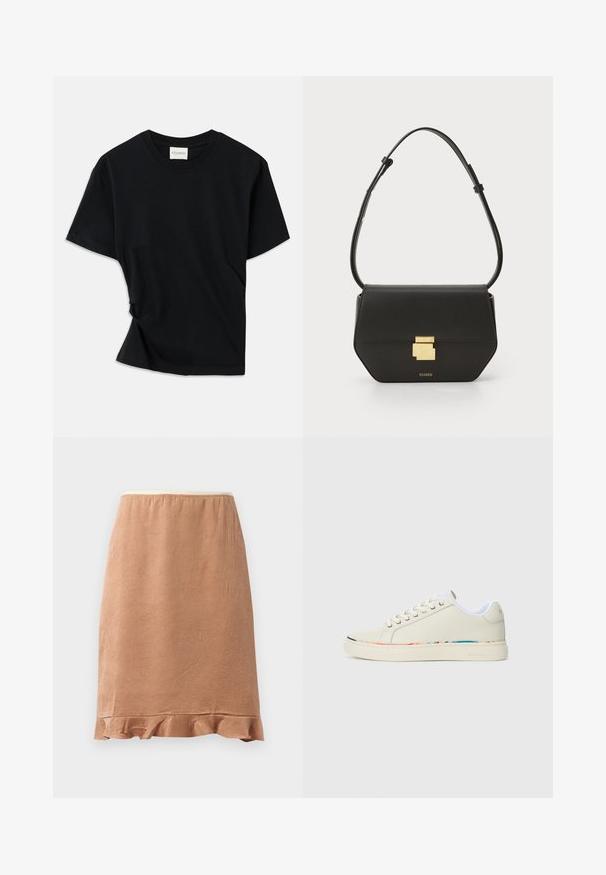 Camiseta negra hecha de algodón suave, con cuello redondo, mangas cortas y un diseño ligeramente retorcido para un ajuste relajado.; Falda marrón con textura y dobladillo con volantes, confeccionada en una tela suave que cae con ligereza, diseñada con una cinturilla elástica para mayor comodidad.; Zapatilla baja en color blanco roto con diseño de cordones, forro interior blanco y un sutil borde multicolor a lo largo del borde de la suela, vista lateral.; CLOSED CLOSED ONE - Bandolera - black