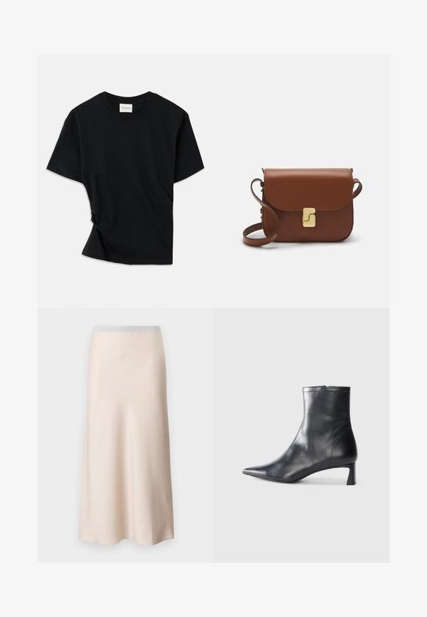 Schwarzes T-Shirt aus weicher Baumwolle mit Rundhalsausschnitt, kurzen Ärmeln und einem leicht gedrehten Design für eine lockere Passform.; Helle beige Midirock mit einer glatten, satinähnlichen Oberfläche und einem hellgrauen elastischen Bund. Ausgestelltes Design, das zum Saum hin verläuft.; Schwarze Lederstiefelette mit spitzer Zehe und schlankem Design. Verfügt über einen niedrigen Absatz und einen Reißverschluss hinten. Glatte Textur.; Braune Ledertasche mit Klappenverschluss, Beschlägen in Goldfarbe, einem Schultergurt und einer glatten Oberfläche. Kompakte rechteckige Form.