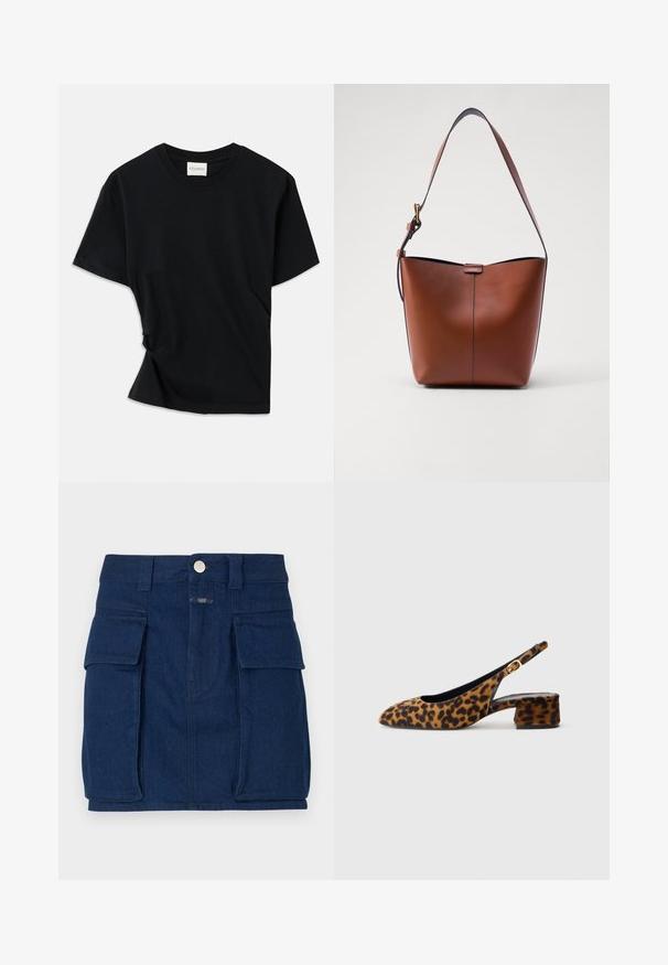 Melnā T-krekls, izgatavots no mīksta kokvilnas, ar apaļu izgriezumu, īsām piedurknēm un nedaudz izlocītu dizainu, kas nodrošina brīvu piegulšanu.; Tumši zilas džinsu svārki ar divām lielām priekšējām kabatām, metāla pogu aizdari un taisnu griezumu. Nedaudz teksturēta auduma.; Sieviešu leopardu raksta siksniņu kurpes ar zemu bloku papēdi un zelta sprādzi sānu siksniņā, attēlotas sānu profilā uz vienkārša fona.; Brūna ādas plecu soma ar izliekta formu, gludu tekstūru un vienu plānu siksnu. Iekļauj subtilu šuvumu un mazu logotipa detaļu.